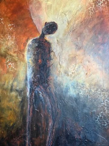 A figure rendered in charcoal and ember tones against a misted, textured ground, by Helen Morgan